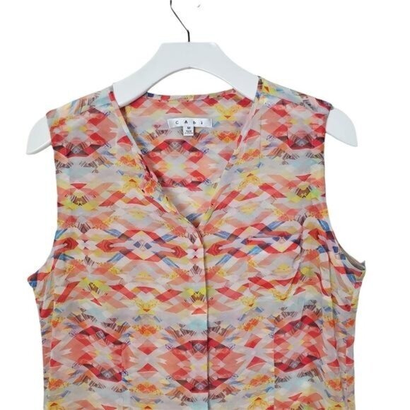 CABI Womens Blouse Medium Sheer Tunic Aztec Tribal Native Print‎ Orange Pink - Picture 6 of 12